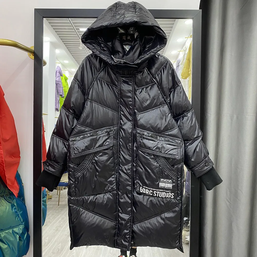 Parkas con capucha para mujer, abrigo de plumón de pato blanco, Chaqueta larga gruesa y cálida, ropa de calle femenina, Invierno 2022