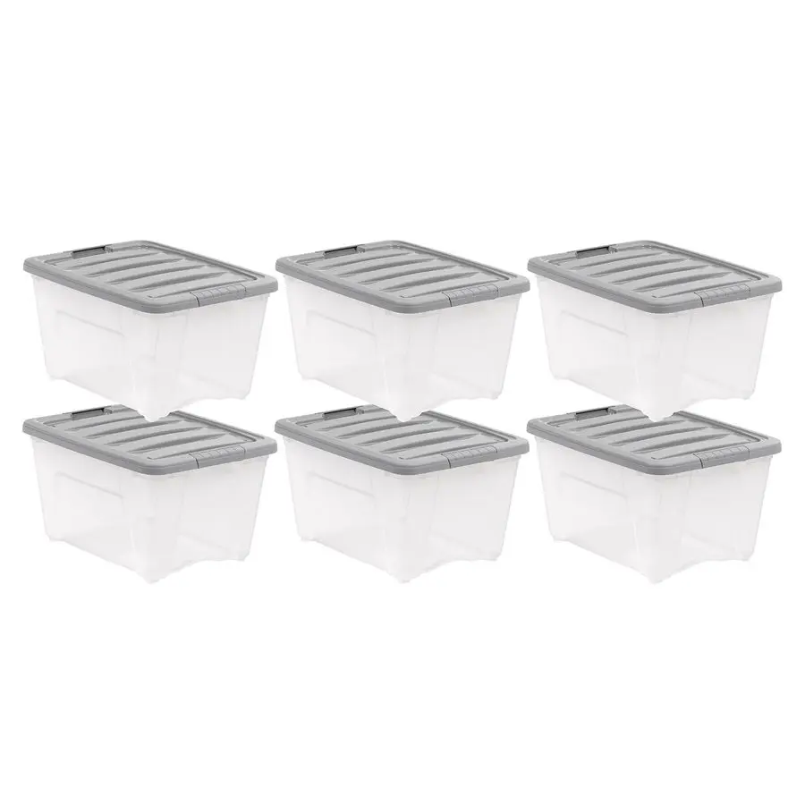 

Пластиковые контейнеры для хранения с надежными защелкивающимися крышками, штабелируемые органайзеры, 32 кварта, набор из 6 штук, прозрачно-серые