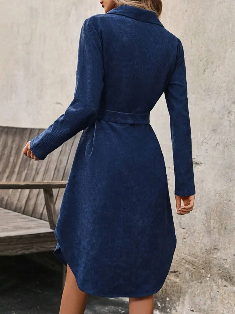 جديد الصلبة مع حزام سروال قصير كم طويل فستان الشتاء مكتب حفلة زر مفتوح منتصف طول تنورة أنيقة الخريف الملابس النسائية