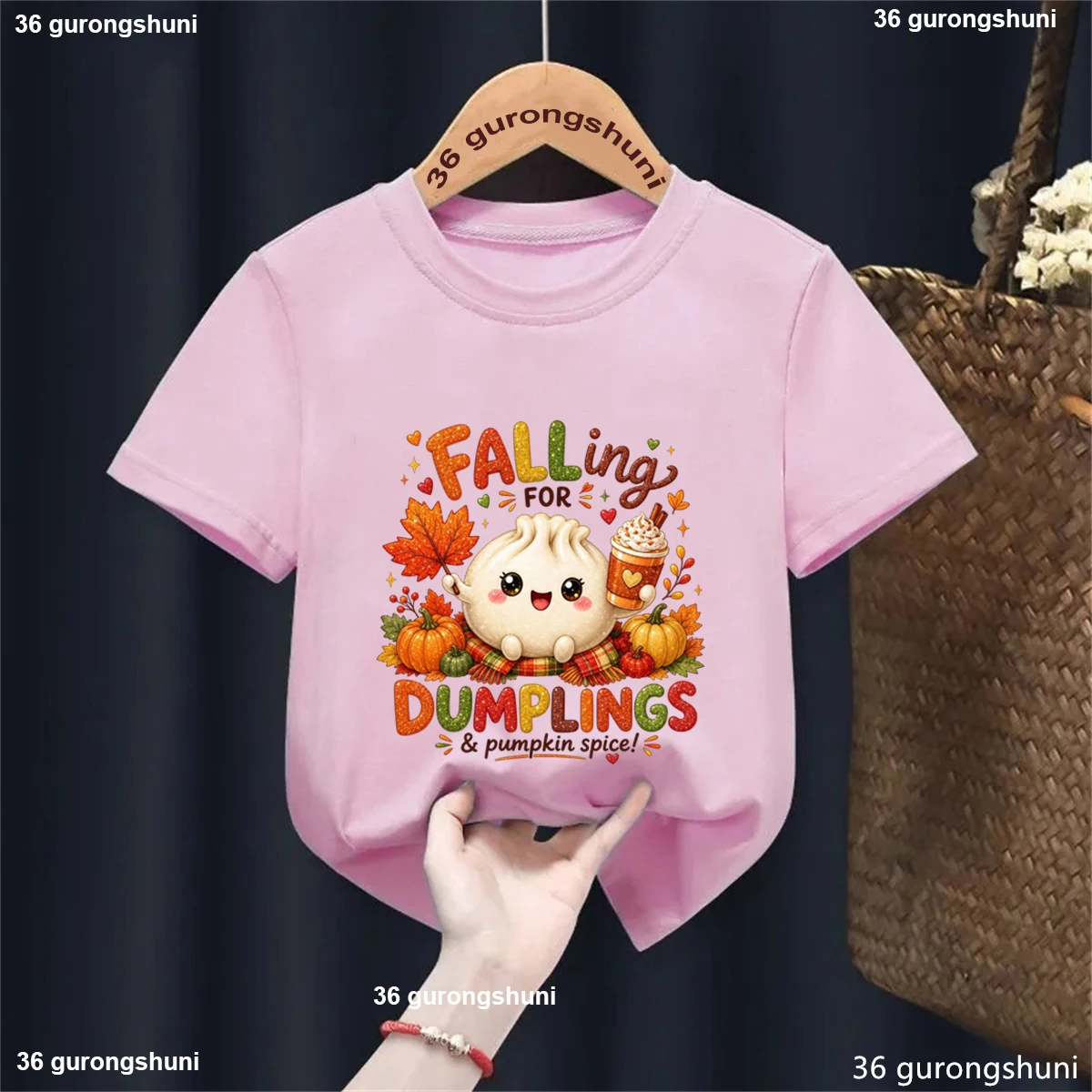 Falling for Dumplings Cute Bun Pumpkin Spice Graphic T-shirt, Boys Girls Autumn Thanksgiving Short Sleeve Casual Tshirt Tops