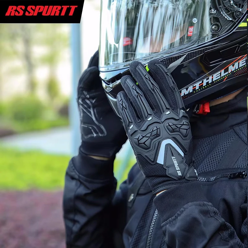 قفازات RS01 الصيفية للدراجات النارية - شبكة مسامية للرجال والنساء كاملة الأصابع ومضادة للانزلاق للحماية من الصدمات لركوب الخيل