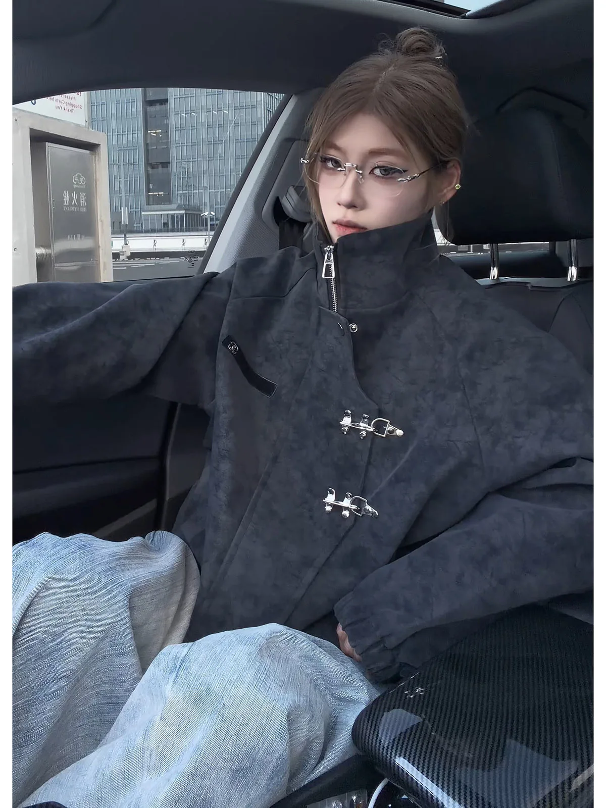 Retro Style American Dyed Jacket Men's Autumn Loose Casual Top Stand Collar PU Leather Jacket with Airplane Buckle