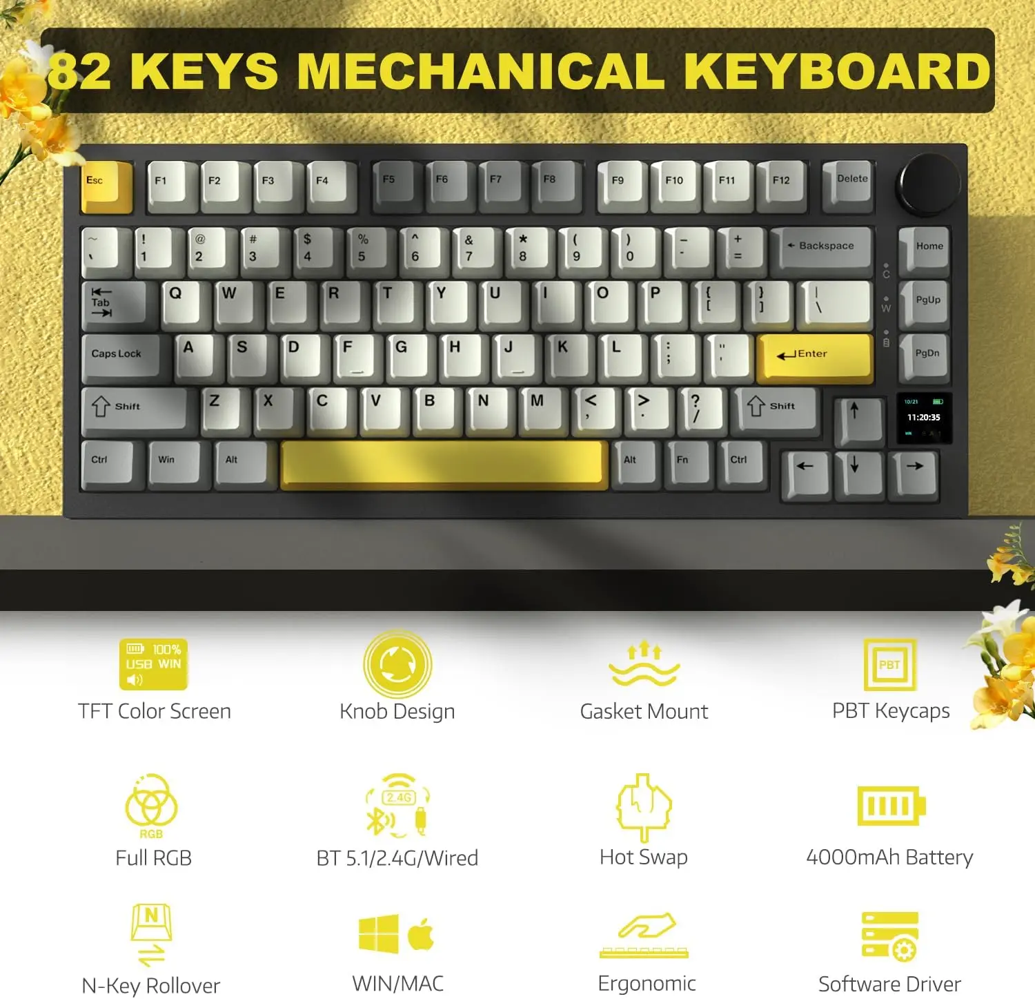 Clavier mécanique sans fil AJAZZ AK820PRO, clavier de jeu 2,4 GHz/Bluetooth/USB-C, disposition 75 %, 81 touches avec écran couleur TFT et bouton CNC, rétroéclairage RVB, touches PBT, 4000 mAh