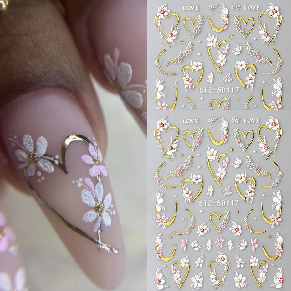 2 قطعة 5D تنقش الأزهار ملصقات الأظافر-الذهبي الحب القلب زهرة تصاميم الشارات ذاتية اللصق DIY بها بنفسك مانيكير مسمار الديكور