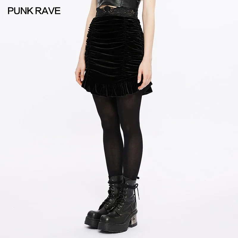 PUNK RAVE Women\'s Gothic Drawstring Sheath Velvet Fit  Short Skirt Fashion Personality Nimi Black Sexy Skirts Women