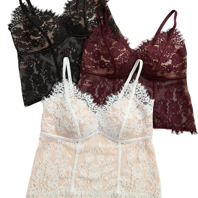 KUCLUT French Style Lace Deep V Sexy Back Women's Gathered Fixed Cup Small Thin Strap Blouse