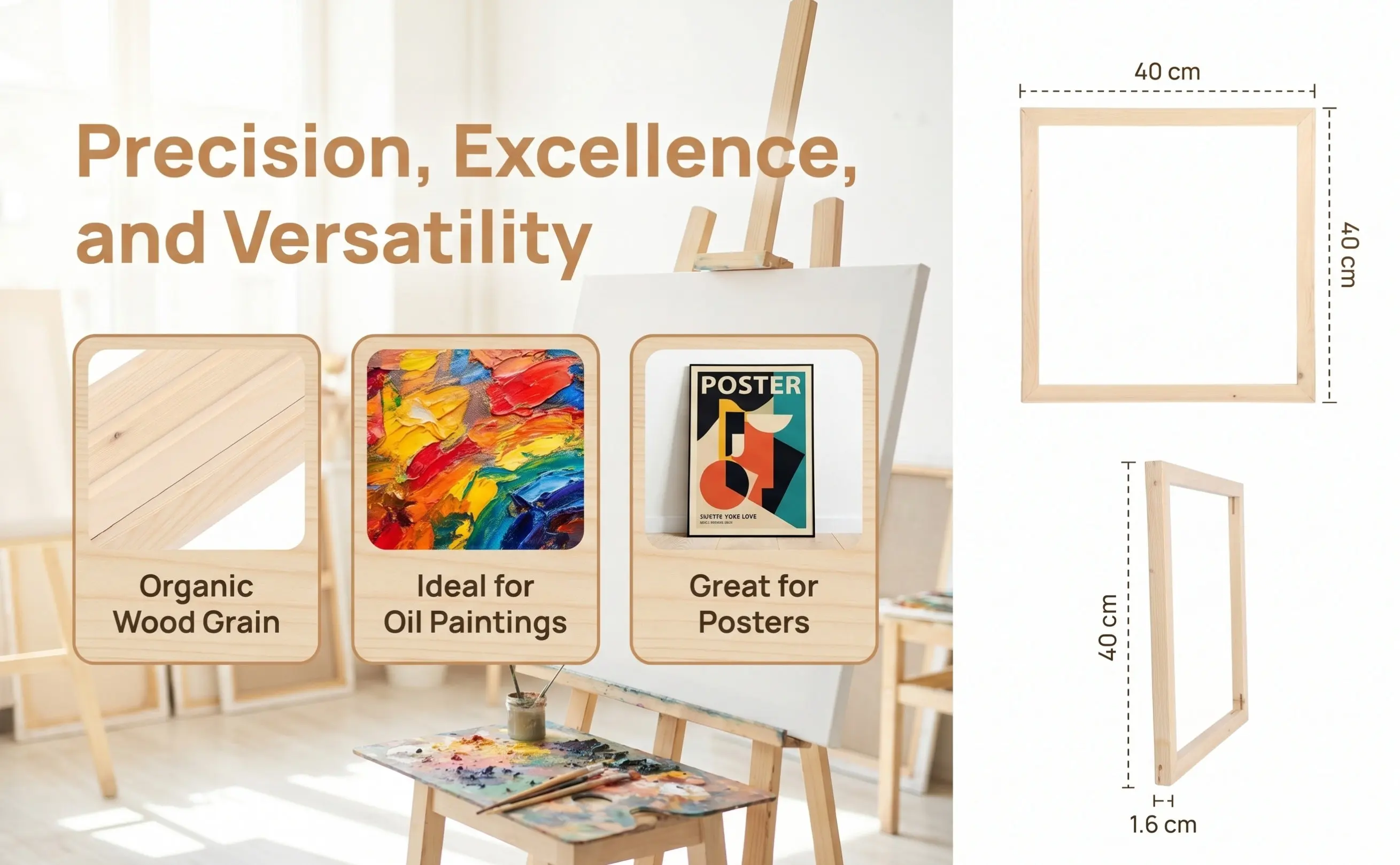 Solid Wood Canvas Frame 40x40cm Natural Wood Painting Frame Removable Design for Oil Painting Posters Digital Art Smooth Edges