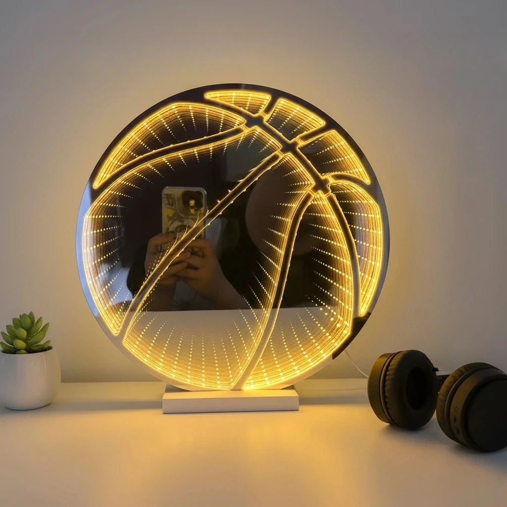 Basketball InfiniteLED 3D Mirror Sign For Kids Boys Bedroom Home Wall Decor Gift for Kids Basketball Fans Sports Room Decoration