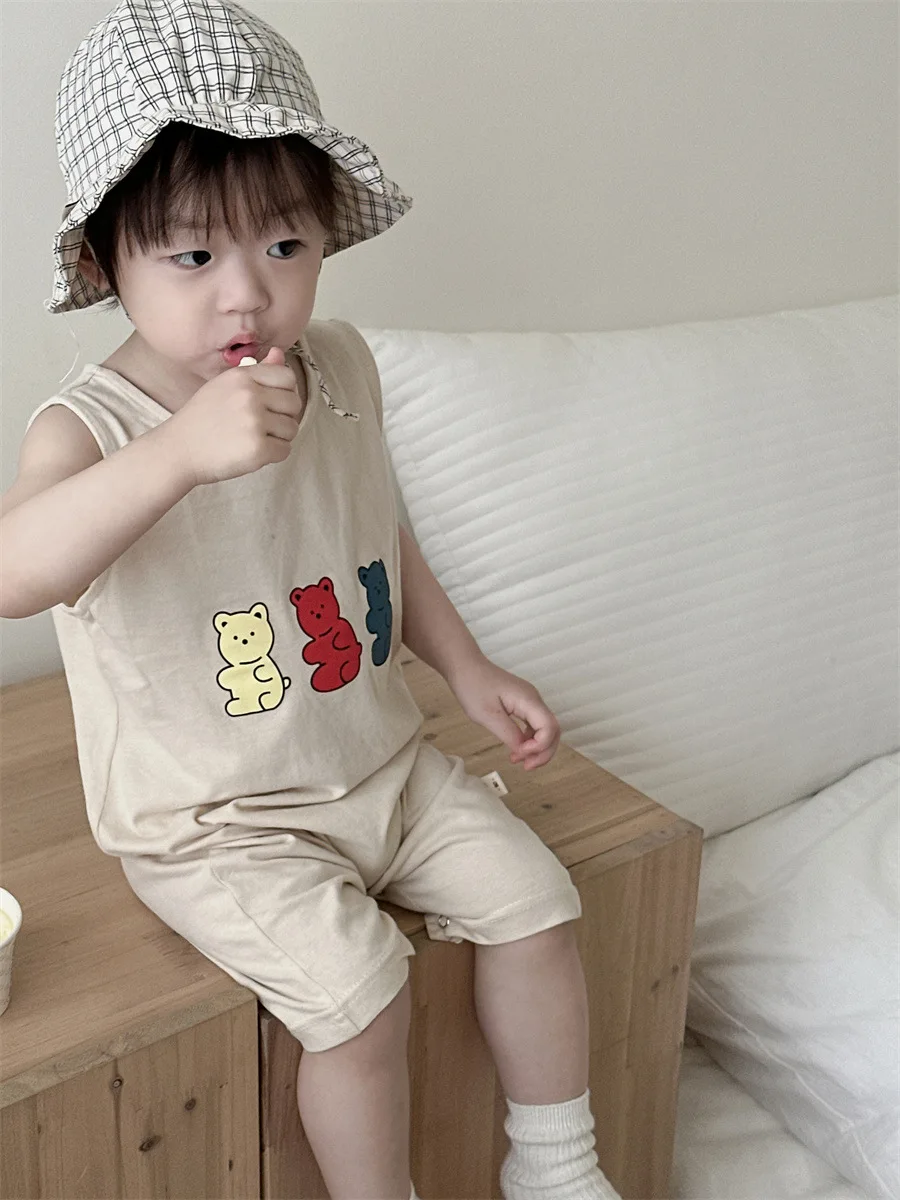 2025 Summer New Baby Sleeveless Romper Cute Bear Print Boy Girl Newborn Breathable Jumpsuit Infant Toddler Cotton Thin Clothes