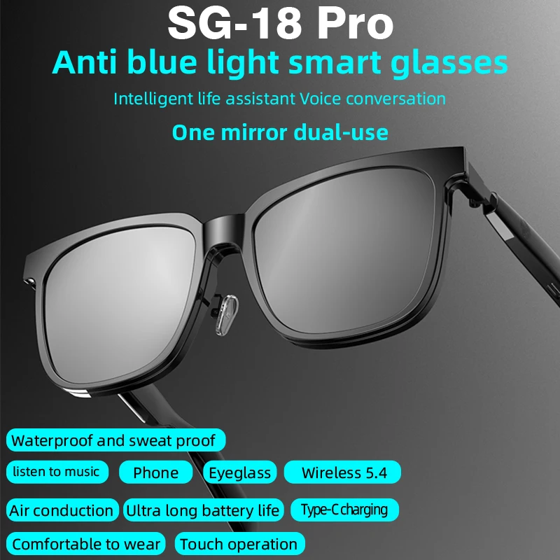 نظارات صوت ذكية جديدة SG-18 Pro مضادة للضوء الأزرق بلوتوث مكالمة نظارات شمسية رياضية خارجية مع ميكروفون ومساعد صوت للمكالمات الموسيقية