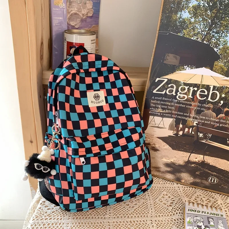 Korean Fashionins Checkered Backpack, Casual and Versatile, Suitable for Junior High and High School Girls, Stylish School Bag