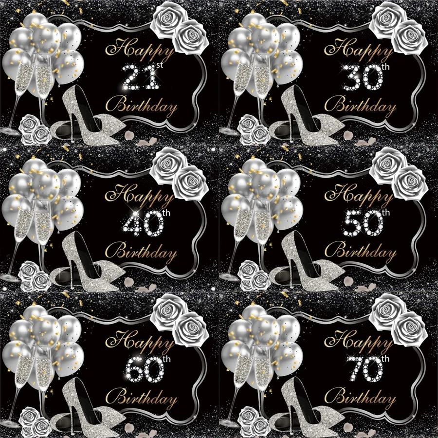 

Black And Silver Photography Backdrop High Heel Rose Women Girls 21s 30s 40s 50s 60s 70s Happy Birthday Party Decorations