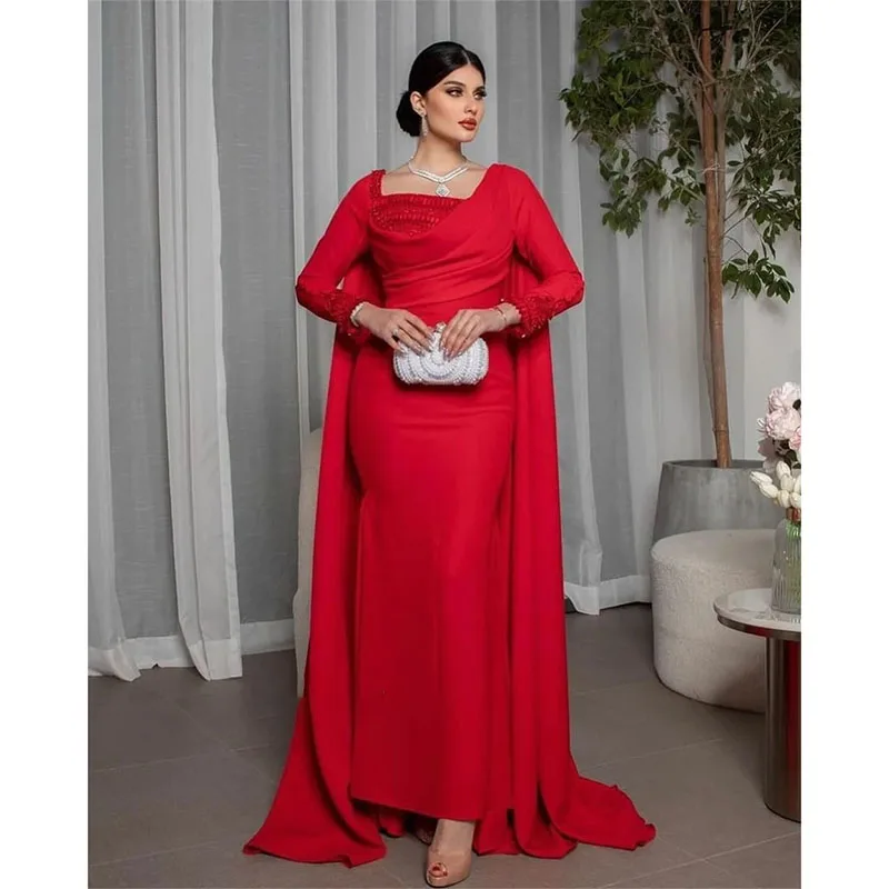 

Saudi Arabia Prom Dress A-line Square Neck Long Sleeve Evening Gown Button Beading Draped Dress for Special Occasions