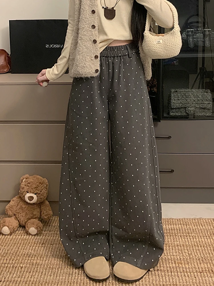 Koreańskie wełniane spodnie w grochy, damskie, z wysokim stanem, proste nogawki, luźne, szerokie nogawki, jesień-zima, nowość