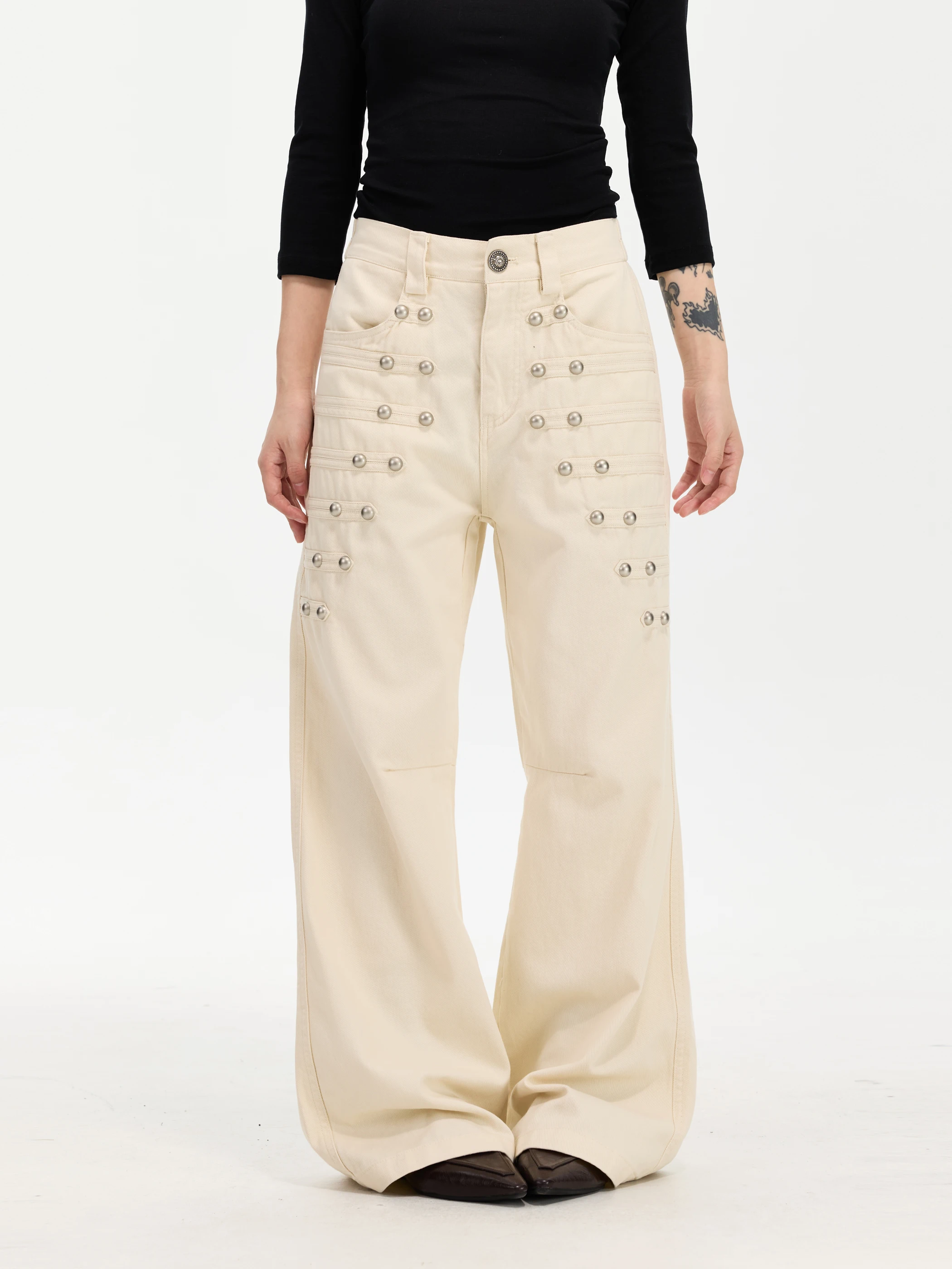 Yeboon American Retro Pearl Button Design Casual Loose Straight Leg Pants Women's High Waist Cotton Straight Leg Trousers