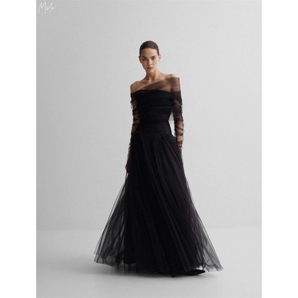 

Mila Customized Black Off Shoulder Tulle Elegant Prom Dress A-Line Long Sleeve Vestidos De Noche Floor-Length Formal Evening