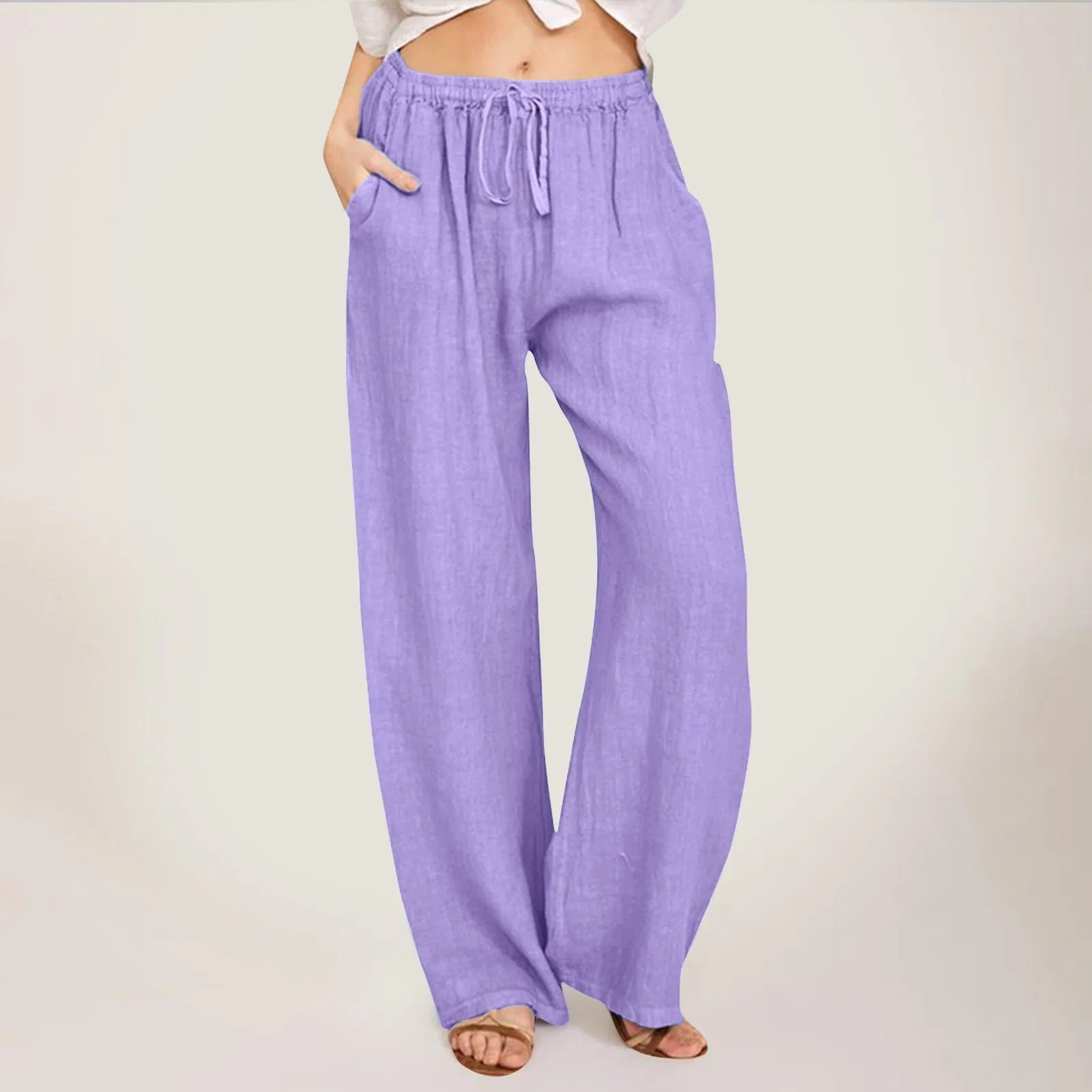 

Women Harem Pants 2024 Summer Casual Vintage Cotton Linen Pant Elastic Waist Wide Leg Fashion Loose Pockets Female Trousers