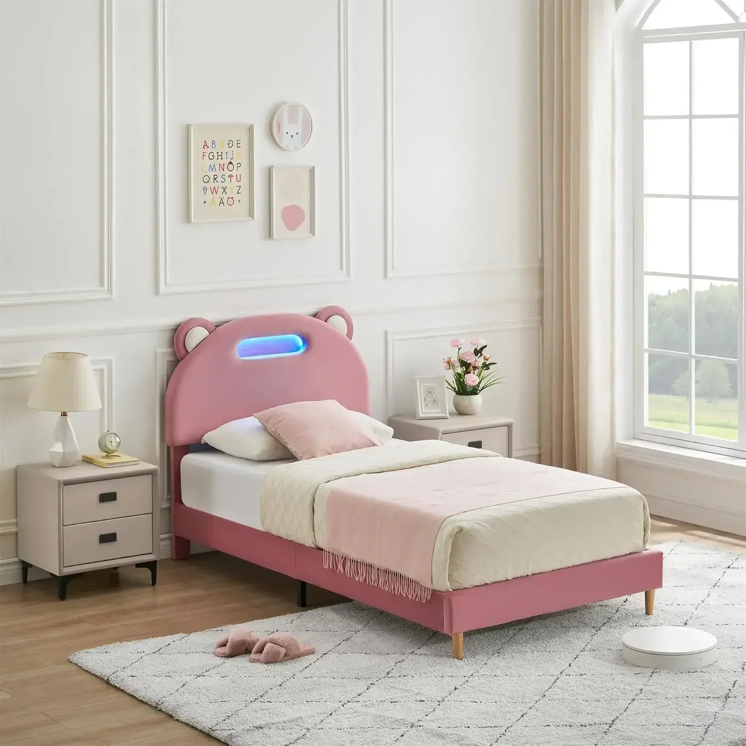 Telai letto gemelli, struttura a piattaforma con testiera imbottita e a LED, telai gemelli per bambini, struttura doppia con Sla in legno