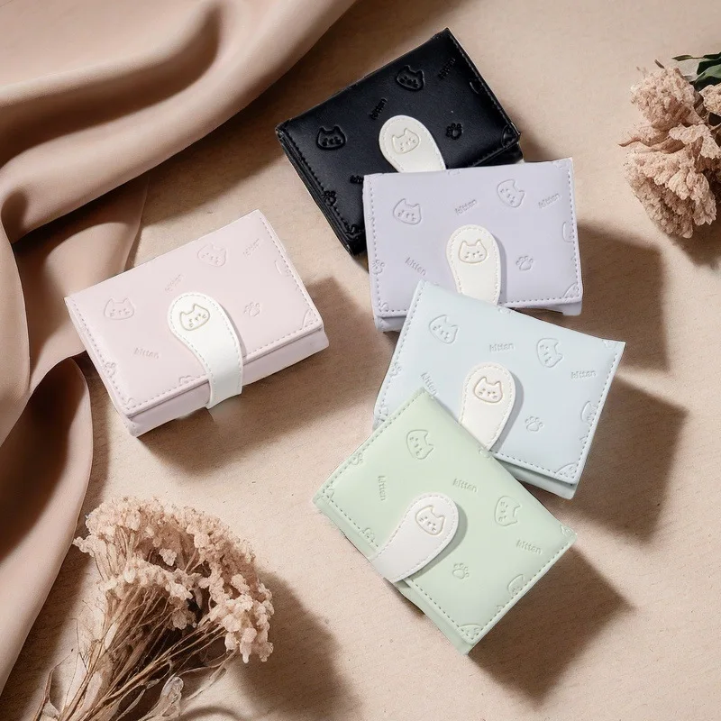 

Cute Cat Tail Design Ladies Card Holder Tri-Fold Wallet Short Style Fashionable Coin Purse With Keychain