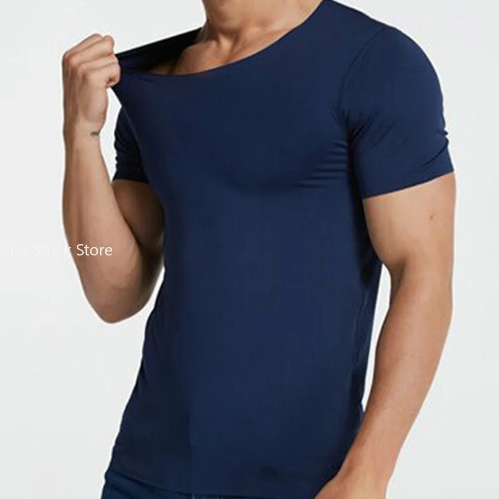 Men\'s Summer T-Shirt Short Sleeve Cool Quick Dry Breathable Ice Silk Seamless Tops Casual Solid Color Elastic Tee Shirts M-5XL