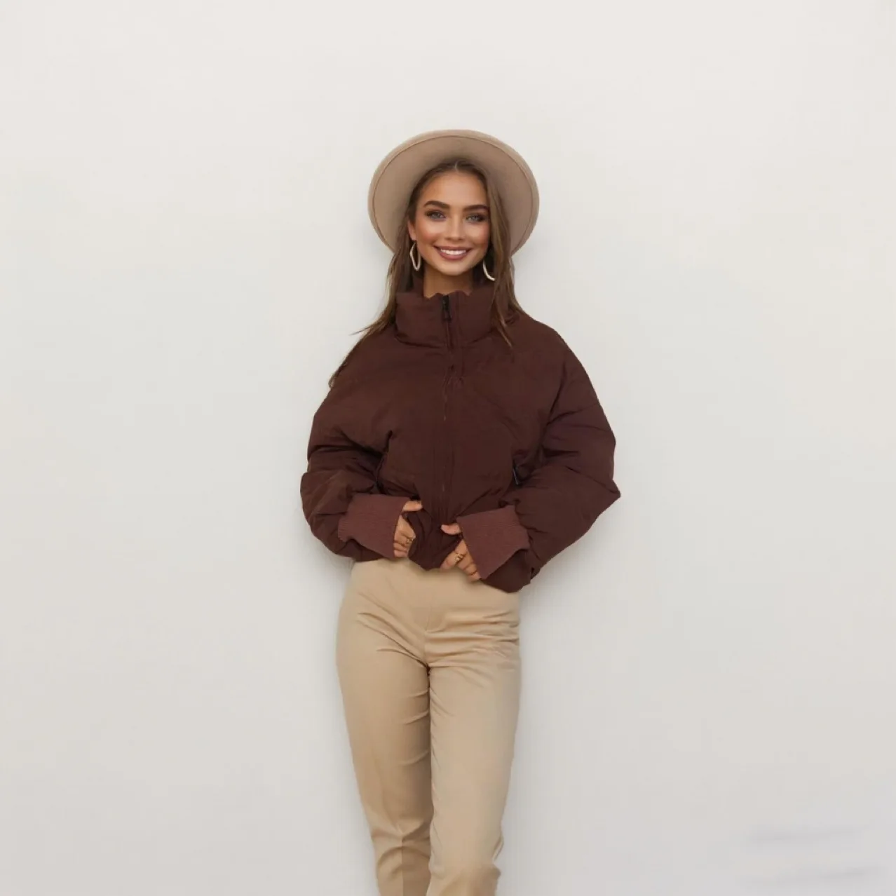 No Hood Loose Fit Coat Casual with Minimalist Stand Collar Zipper Closure Regular Thickness Autumn Long Sleeve Women Jacket