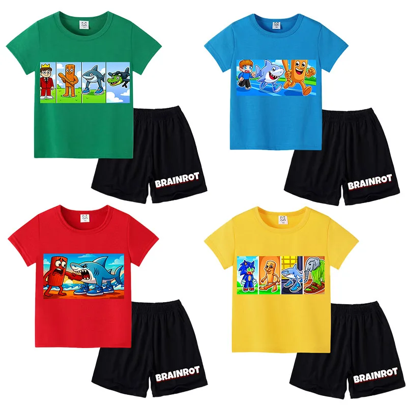

Tung Tung Tung Sahur Children T-shirt+Shorts Cartoon Anime Figures Short Sleeve Italian Brainrot Cool Cotton Kid Home Clothing