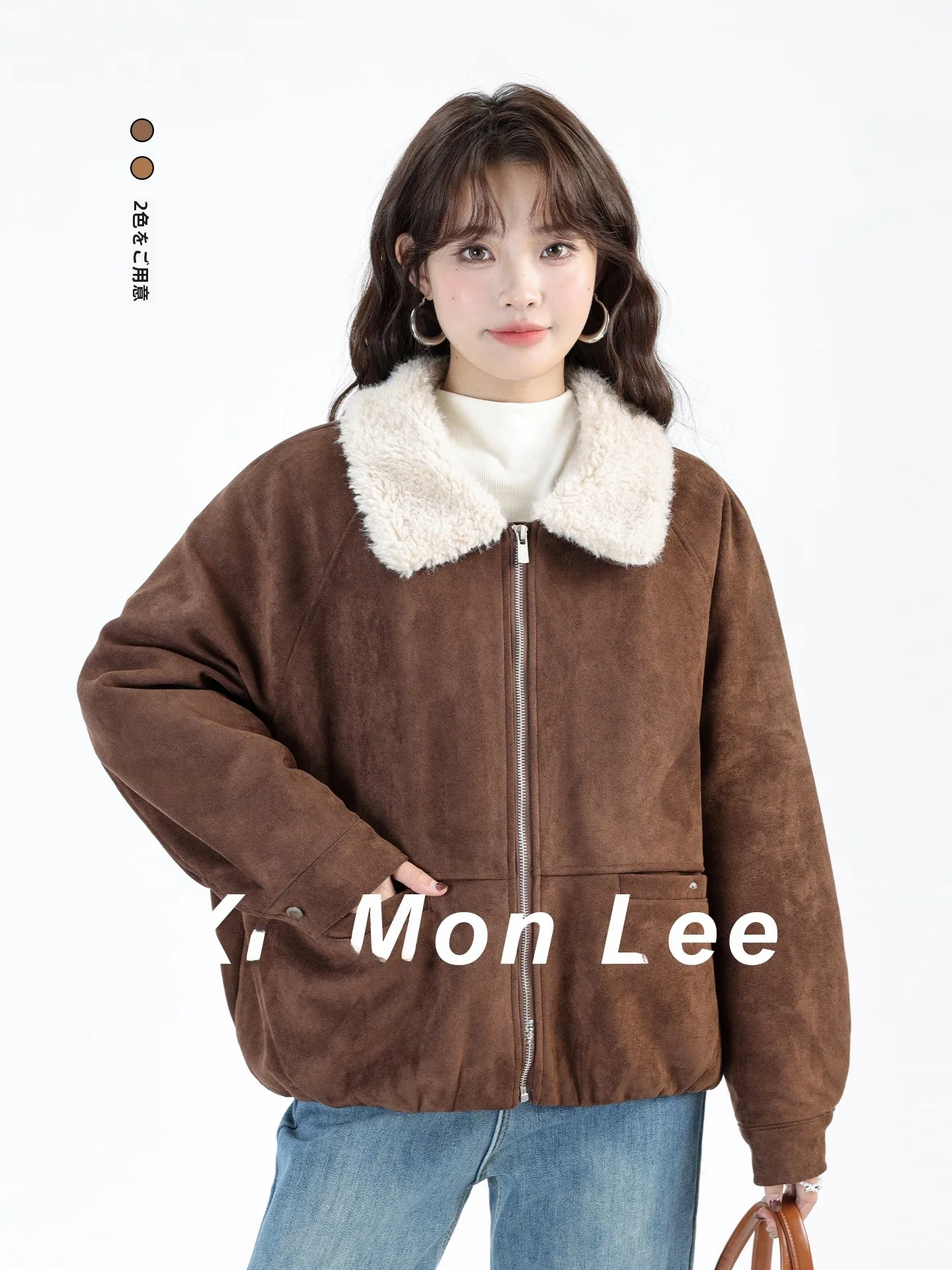 

Lamb Fur Collar Spliced ort Suede Jaet Korean Sle Warmth Retro Motorcycle Jaet Women's Faion Winter Coat