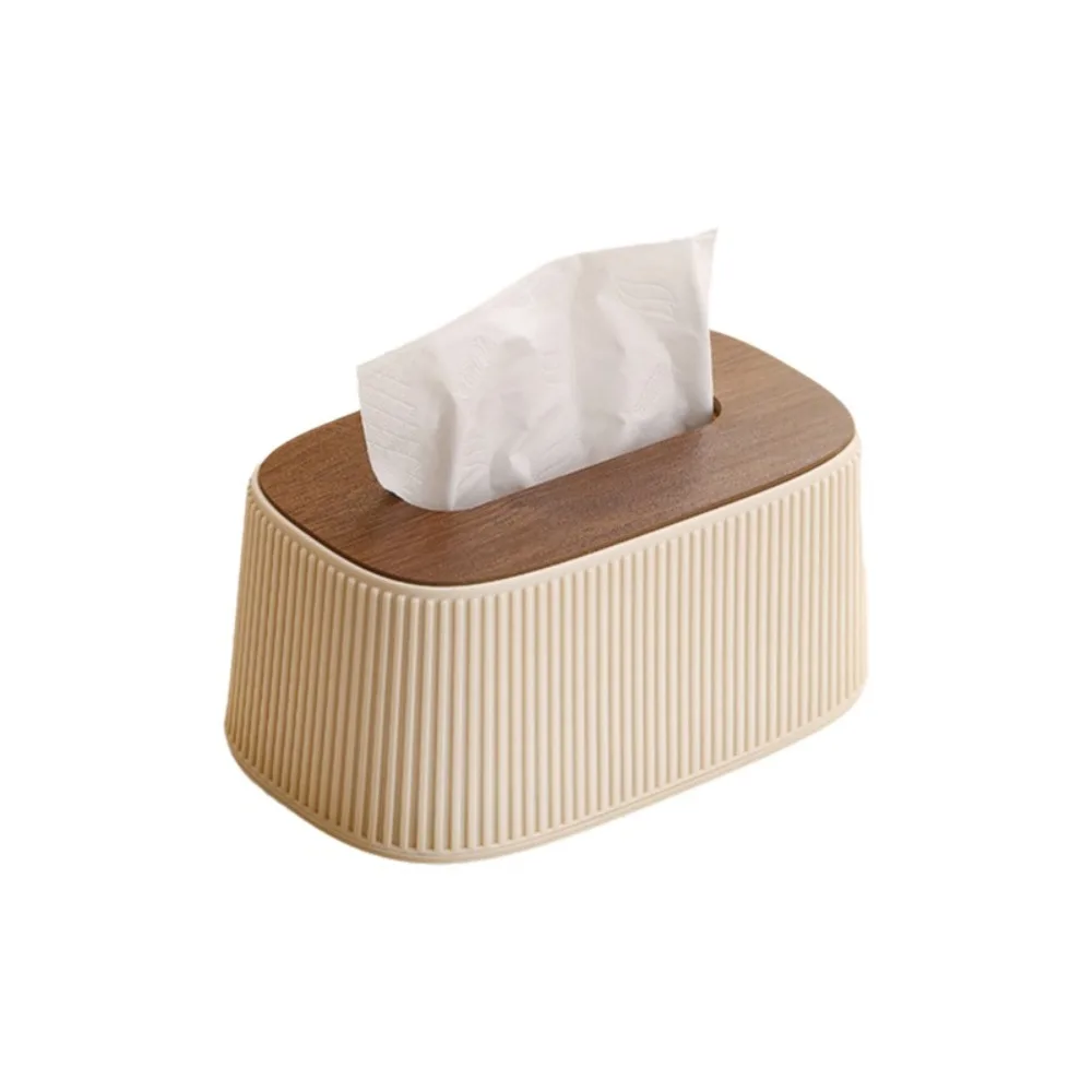 

Large Opening Tissue Box with Lid Wooden/Plastic Cover Stripe Desktop Tissue Dispenser Built-in Spring Square Shape