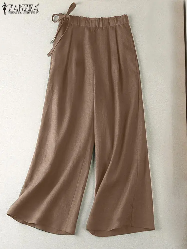 

Women Trousers ZANZEA 2024 Fashion Wide Leg Pants Female Cotton Long Pant Casual High Elastic Waist Office OL Pantalon Palazzo