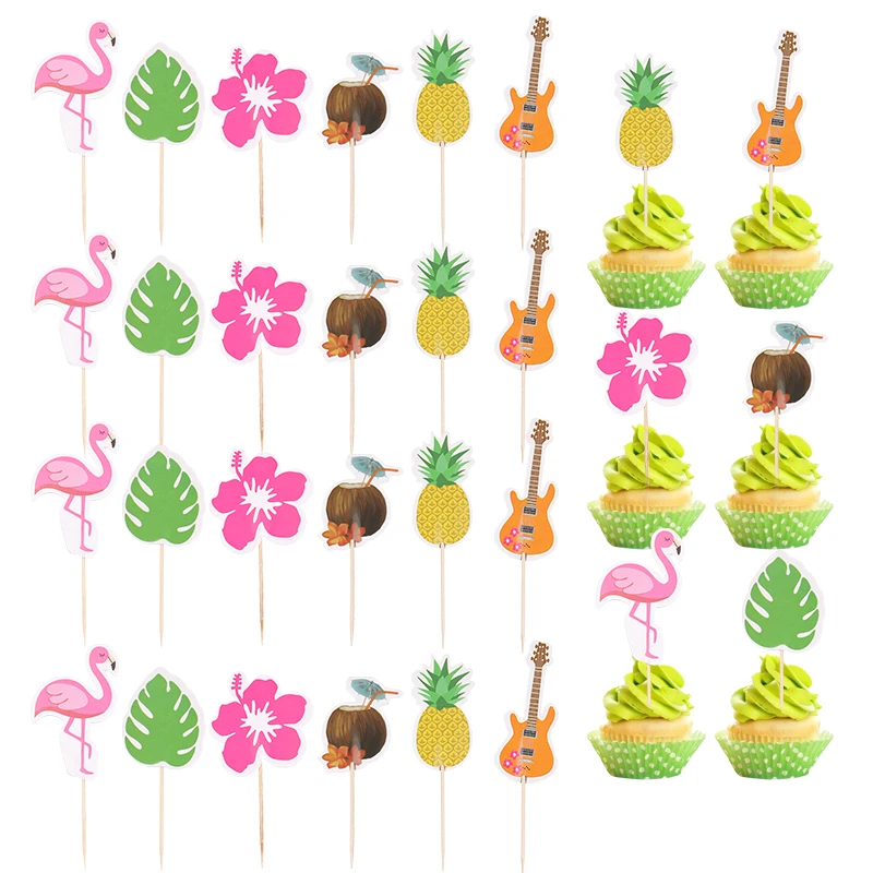 24/48Pcs Tropical Summer Cupcake Topper Hawaiian Flamingo Pineapple Palm Leaf Flower Cakes Decorations Luau Birthday Part Supply