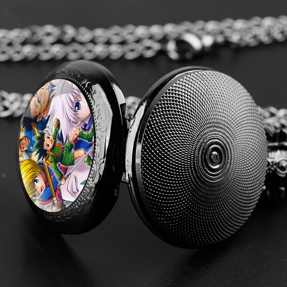 Anime Hunter × Hunter Orologio da tasca al quarzo nero con cupola in vetro con quadrante con numeri arabi e catena resistente, regalo retrò per uomini e donne