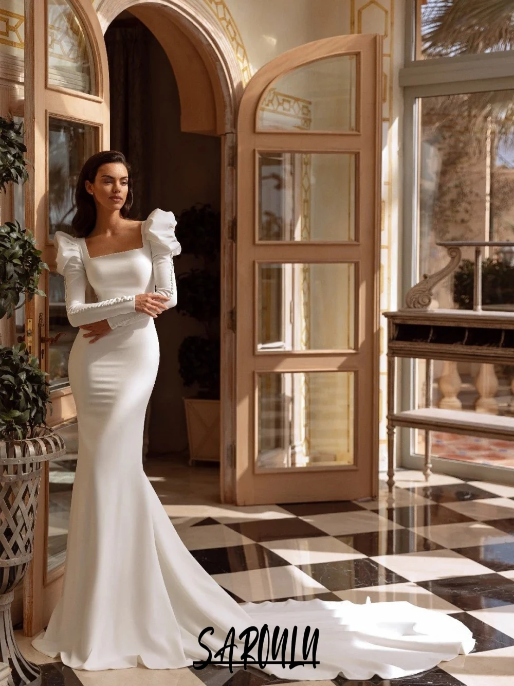 

Puffed Long Sleeves Princess Wedding Dress Modest Square Neck Bride Wear Elegant Mermaid Simple Customized Modern Bridal Gown