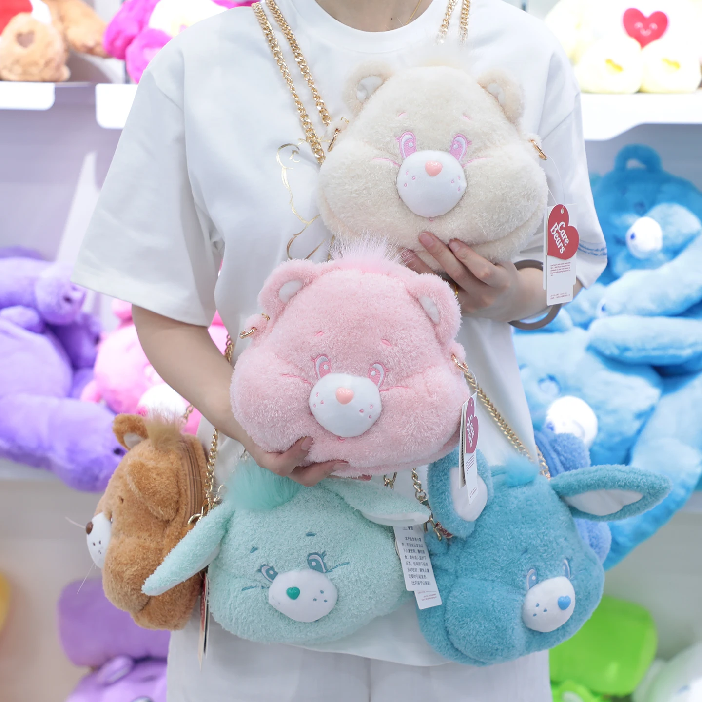 Bolsa transversal de pelúcia genuína dos Ursinhos Carinhosos, bolsa de ombro com cabeça de urso de desenho animado, bolsa estilo estrela para meninas, presente de aniversário ou feriado.