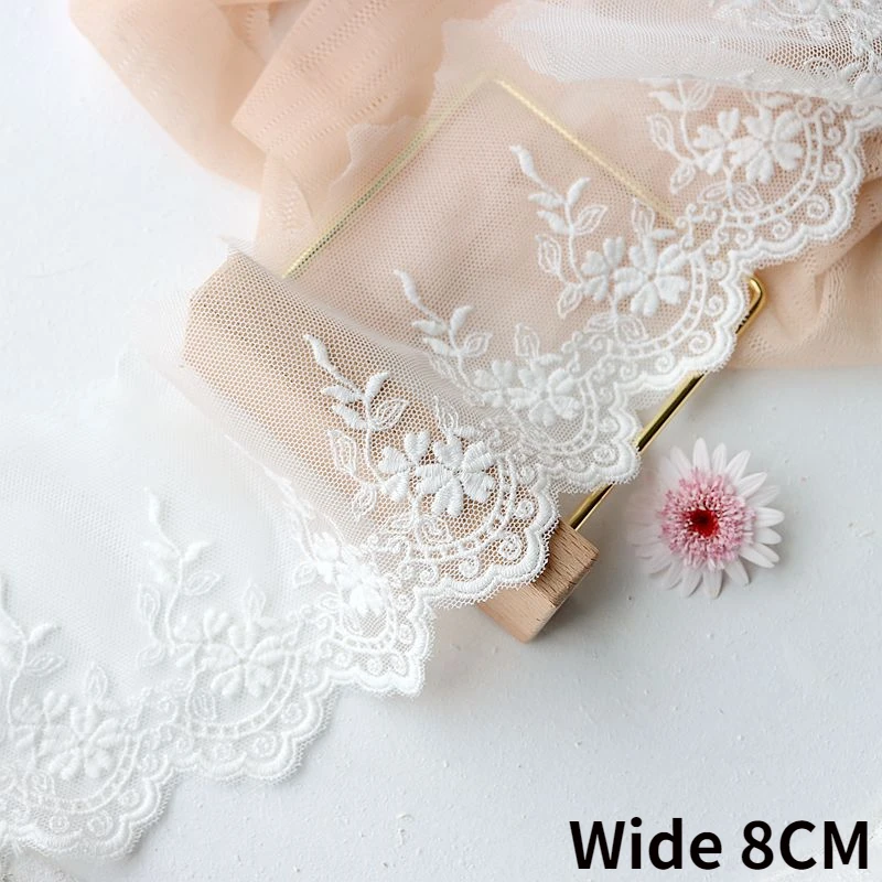 8CM Wide Luxury Tulle White Mesh Embroidery Floral Lace Ribbon Wedding Dress Collar Neckline Trim DIY Craft Sewing Guipure Decor