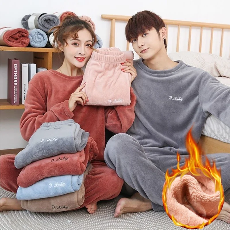 

Flannel Women Pajamas Sets Warm Thick Coral Velvet Long Sleeve Cartoon Sleepwear Autumn Winter Home Wear Couples Nightwear