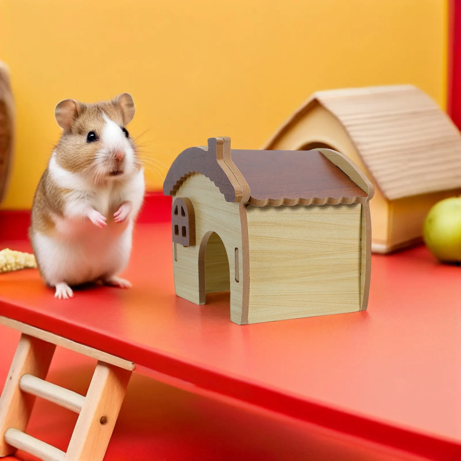 Hamster Wooden Hut with Multi-Layer Platforms and Concealed Hideouts for Small Pets Exploring Climbing Sleeping Natural Wood
