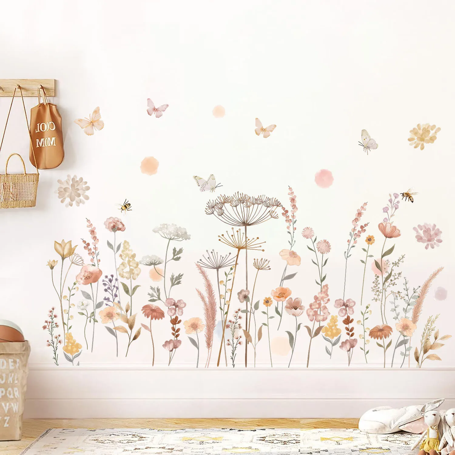 Boho Garden Flower Butterfly Vine Wall Stickers Decals for Bedroom Living Room Playroom Wall Decor