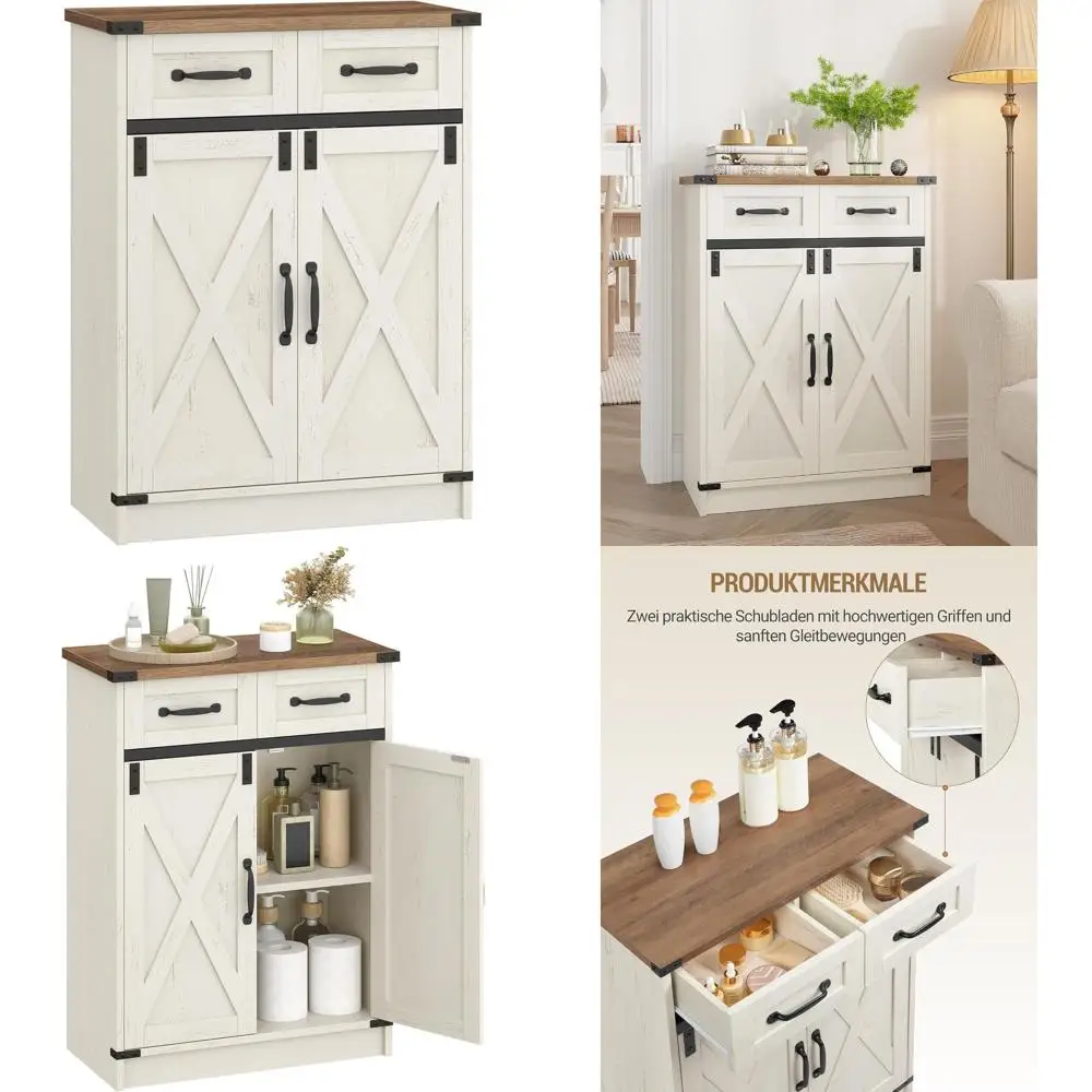 

Отдельно стоящий напольный шкаф для ванной комнаты с ящиками и дверцами, место для хранения в фермерском стиле для кухни, гостиной, прихожей - белый и