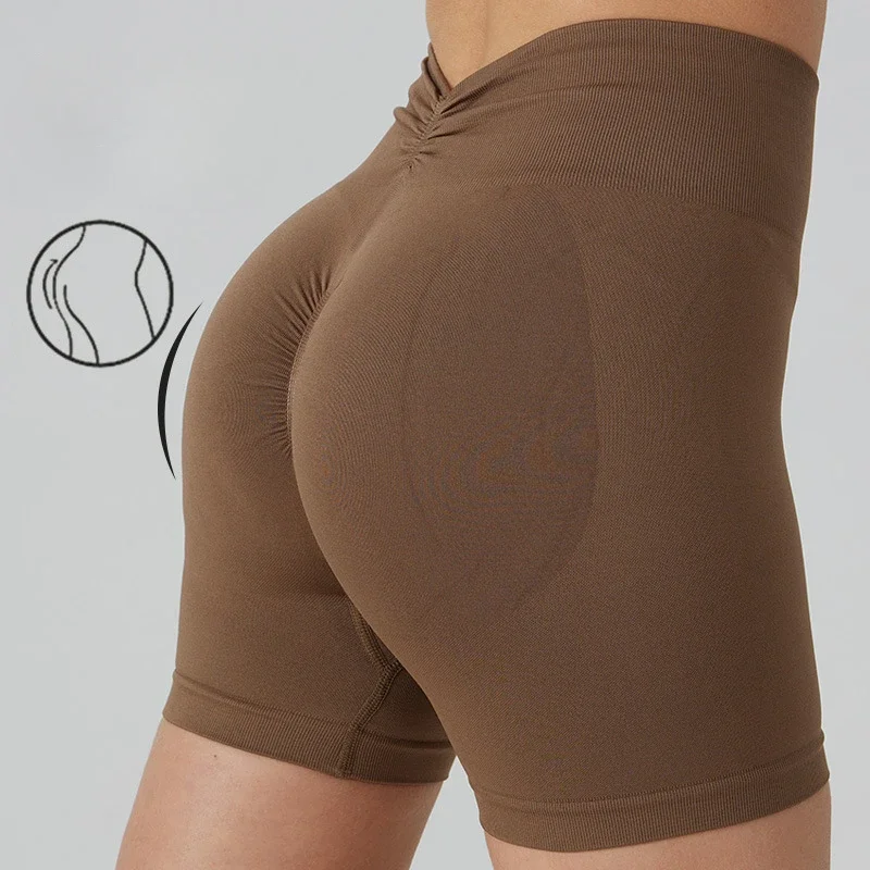 WANAYOU Back V-fold Yoga Shorts Women's Seamless Sports Bodysuit High Waist Gym Fitness Shorts Exercise Running Cycling