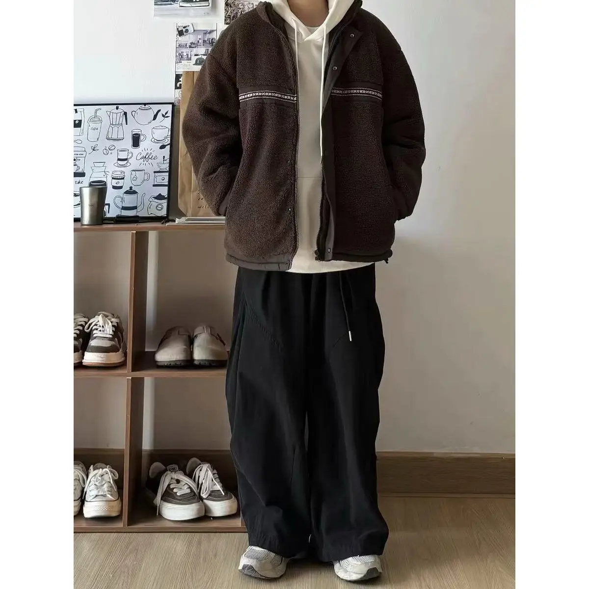 

Мужские повседневные брюки в стиле ретро Гонконг, широкие рабочие брюки, свободные длинные брюки прямого кроя для весны и осени