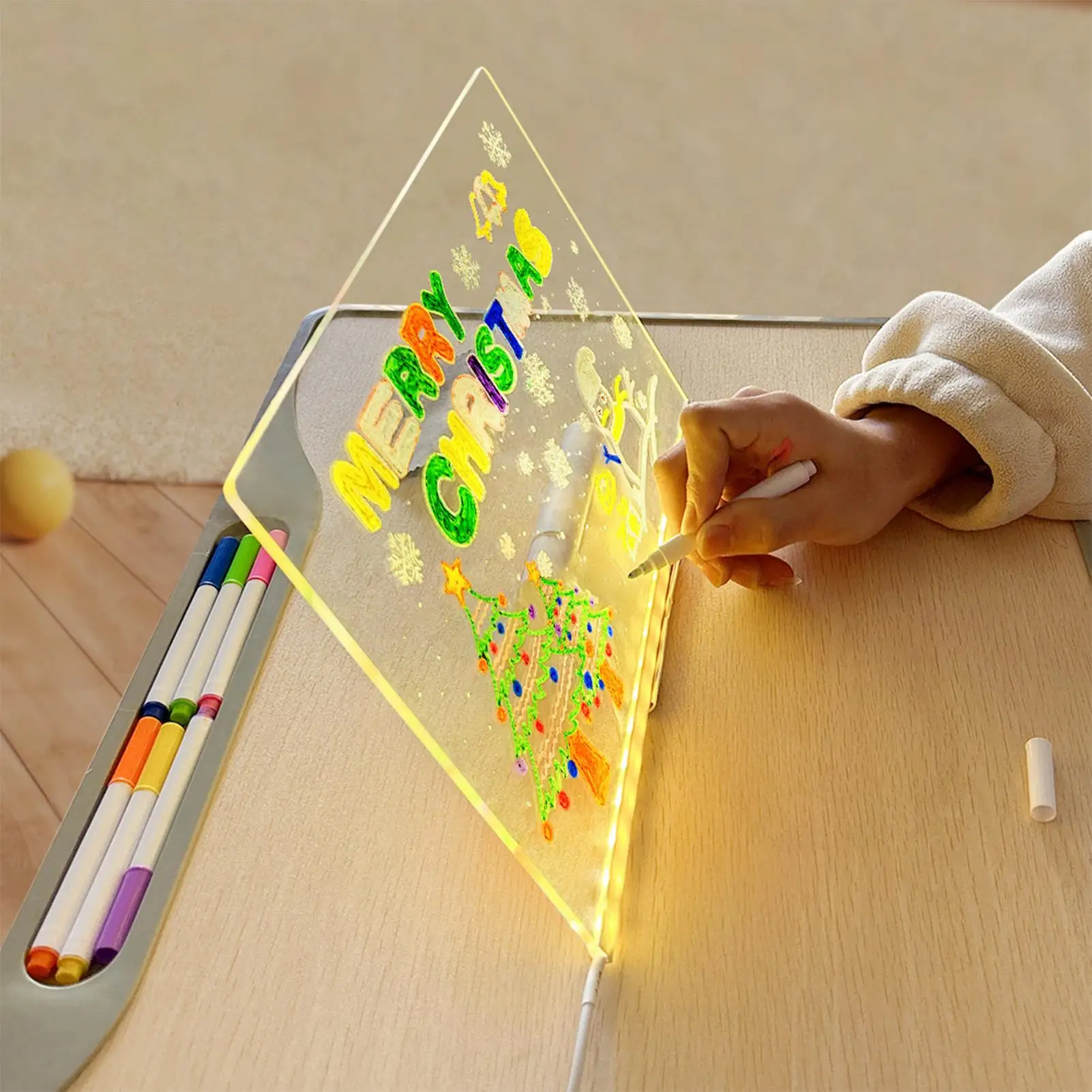 Kids LED Drawing Board with Transparent Acrylic Pad Foldable Stand Light-Up Doodle Art Writing Tablet for Travel Classroom Use