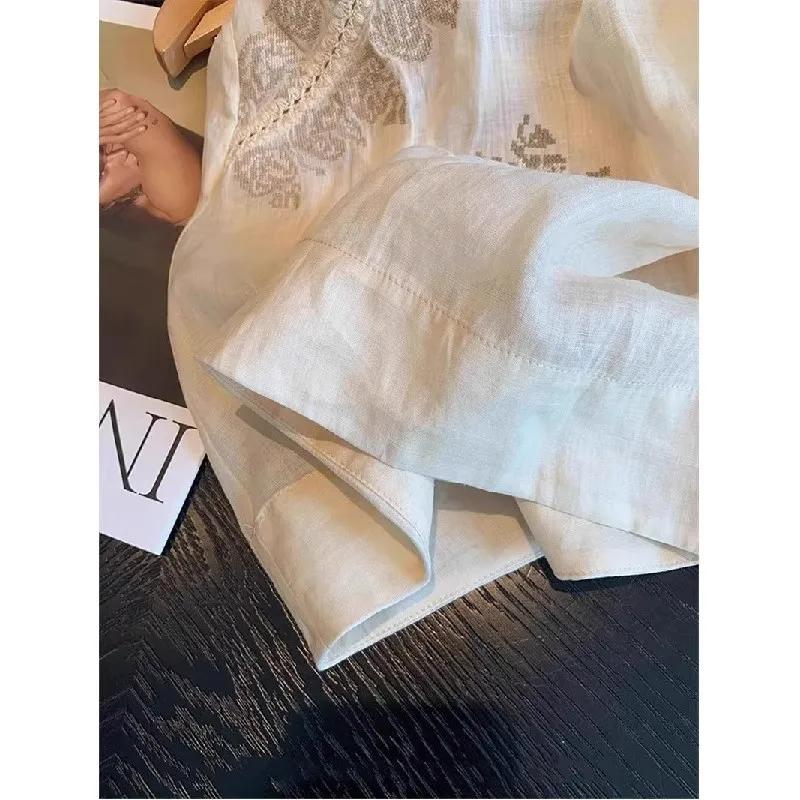 Retro Artystyczna Bawełniana Lniana Haftowana Okrągła Kamizelka Bez Rękawów Ele irt Damska Letnia Cienka Regularna Długość Jednolity Kolor