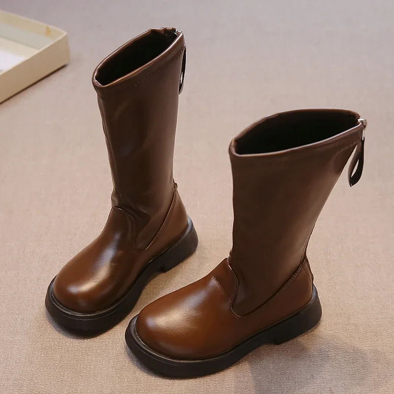 Children Long Boots Solid Color Knee-high Autumn Kids Boot Soft Pu Leather 26-36 Trendy Zipper Light Comfy All-match Girl's Shoe
