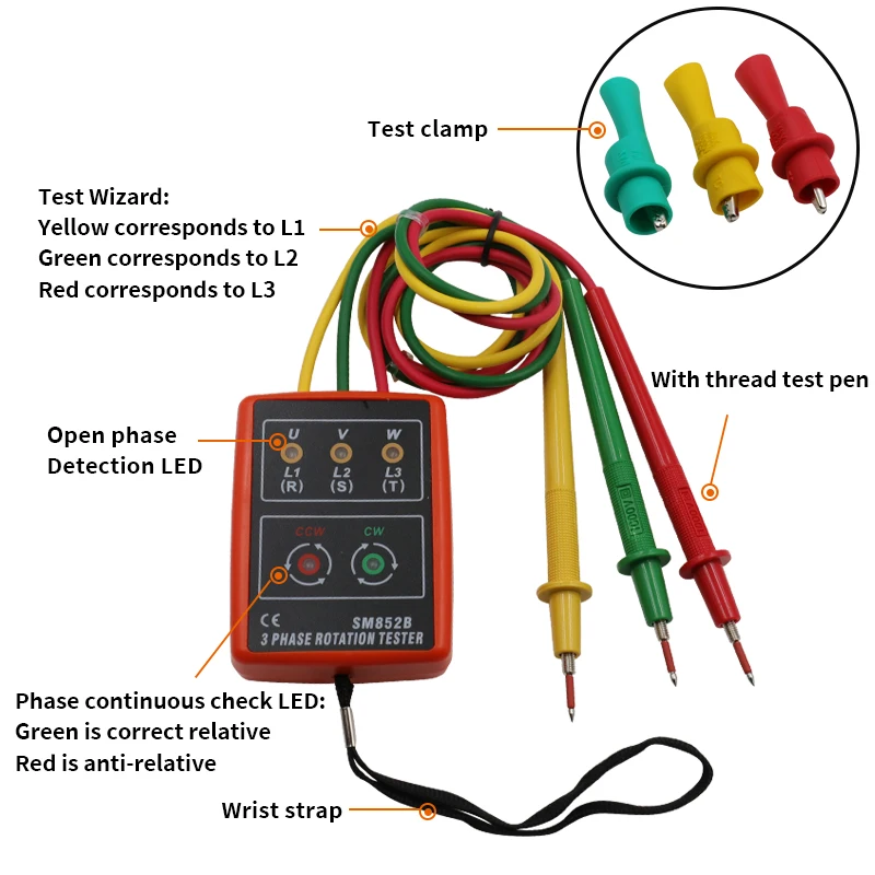 60V-600V AC Three Phase Rotation Indicator Meter Phase Sequence Tester LED Buzzer with Portable Pouch
