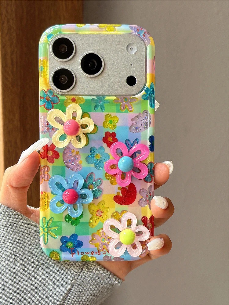 

Ins 3D Colorful Flower Glitter Phone Case For iPhone 17 16 15 14 13 Pro Max Shockproof Protective Back Cover