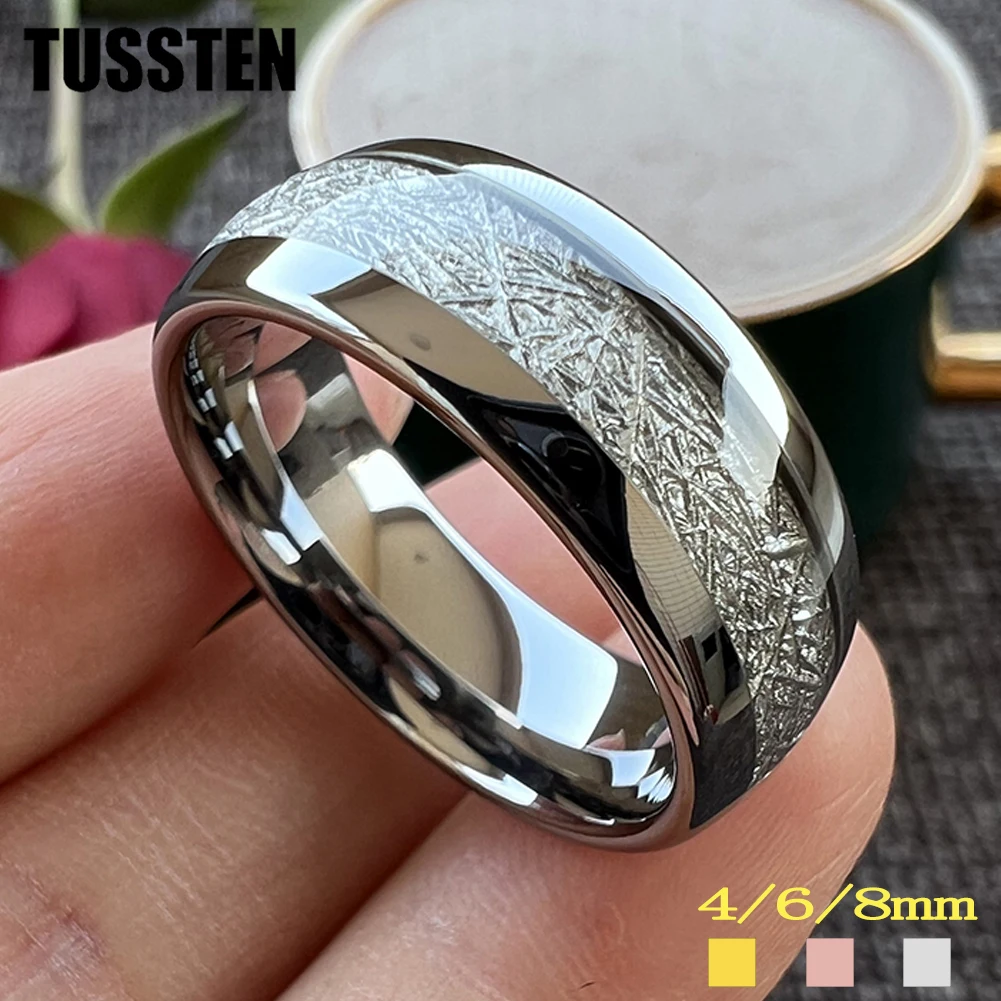 TUSSTEN 4/6/8MM wolfram pierścionki męskie kobiet obrączka jasny meteoryt Inlay z kopułą polerowana biżuteria