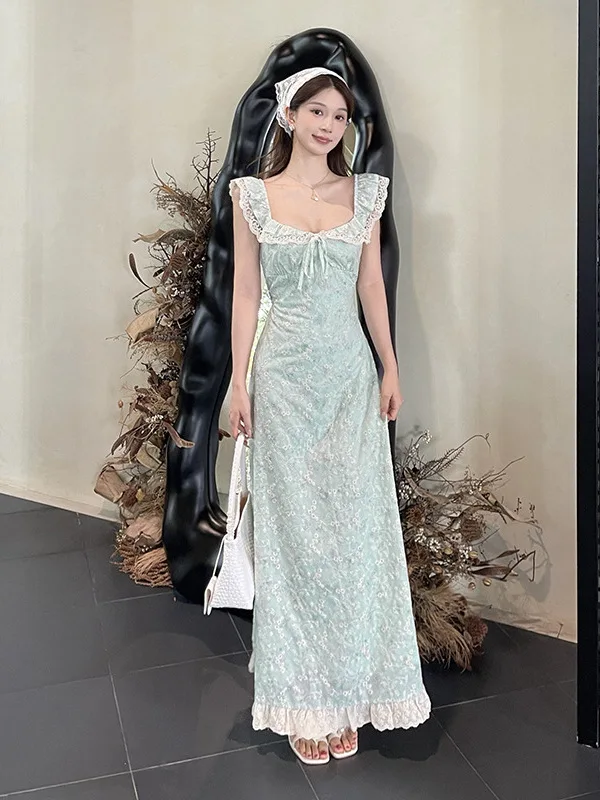 French Retro Lace Ruffle Floral Square Neck Tie-waist Green A-line Dress For Women Slim-fit Mori Girl Prairie Chic Spliced Skirt