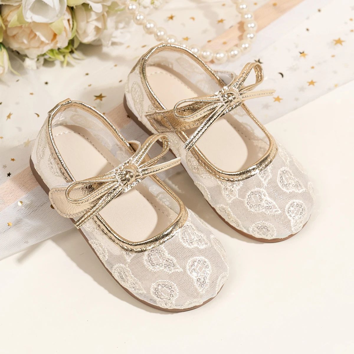 Spring Girl's Princess Shoes Bowknot Mesh Hook-loop Chic Kid's Flat Shoe Gold Light Charming Daily Versatile Children Shoes