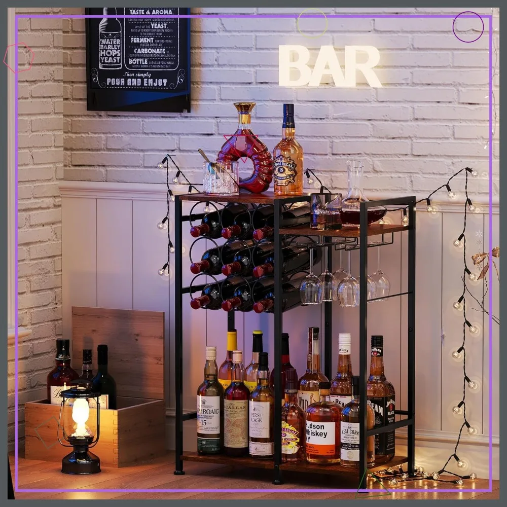 خزانة مشروبات قائمة بذاتها مع مساحة تخزين 9 زجاجات وحامل زجاجي وأسوار لبار المنزل