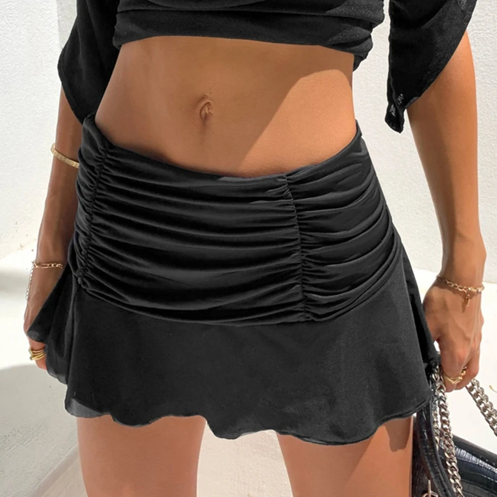 

Women's Y2K Summer Casual Pleated Hem Skirt, Aesthetic Slim Solid Color Elastic Waist Skirt, Streetwear